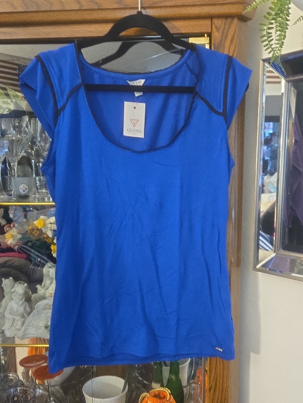 GUESS Blue Scoop Neck Cap Sleeve Tank Top